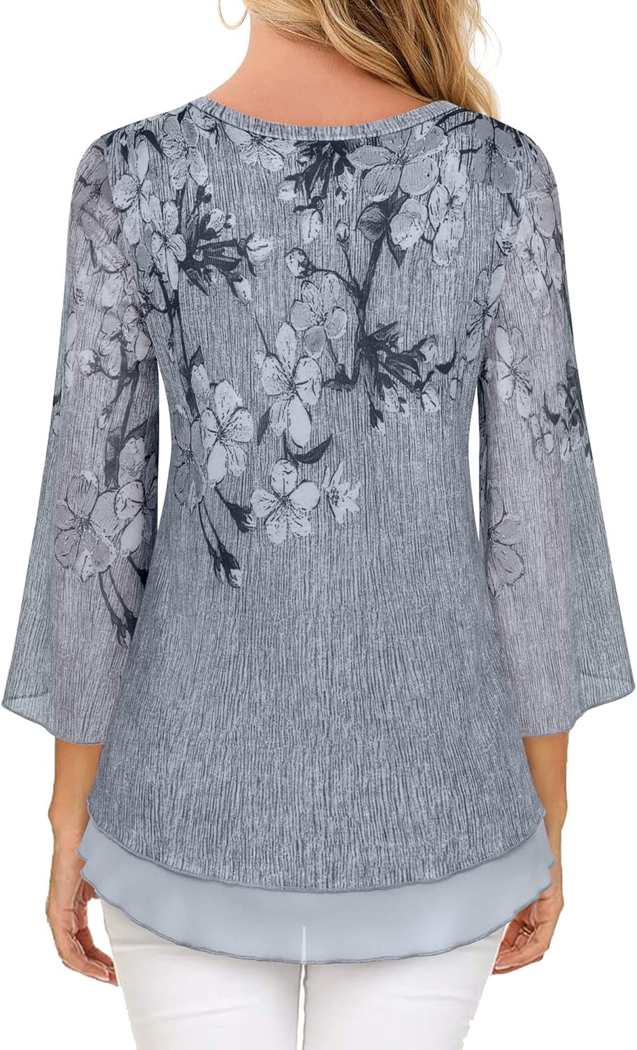 Women'S 3/4 Sleeve Floral Blouses Shirts Double Layers V Neck Dressy Tunics Tops