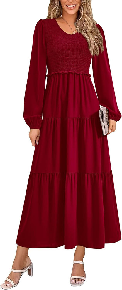 Fall Dresses for Women 2025 Casual Long Sleeve V Neck Smocked a Line Long Flowy Wedding Guest Dress