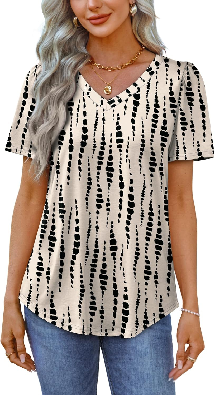 T Shirts for Women V Neck Dressy Casual Blouses Puff Short Sleeve Summer Tops Loose Fit