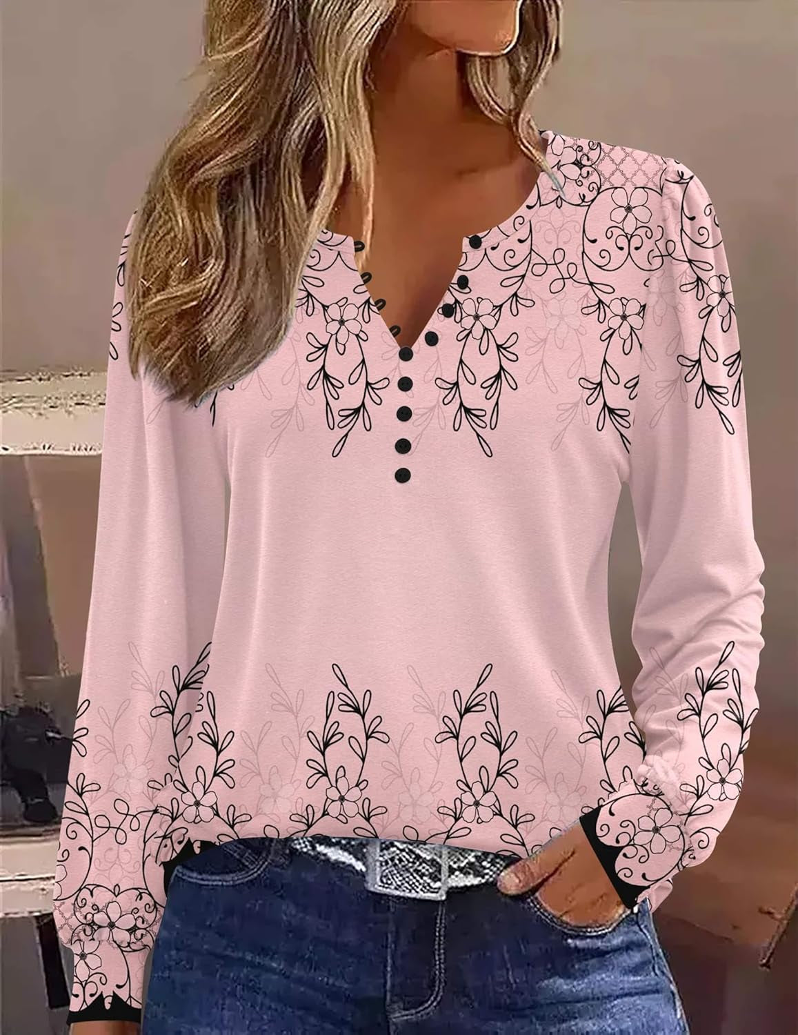 Fall Tops for Women Long Sleeve Button up Shirts Floral Tunics V Neck Pullover Blouse