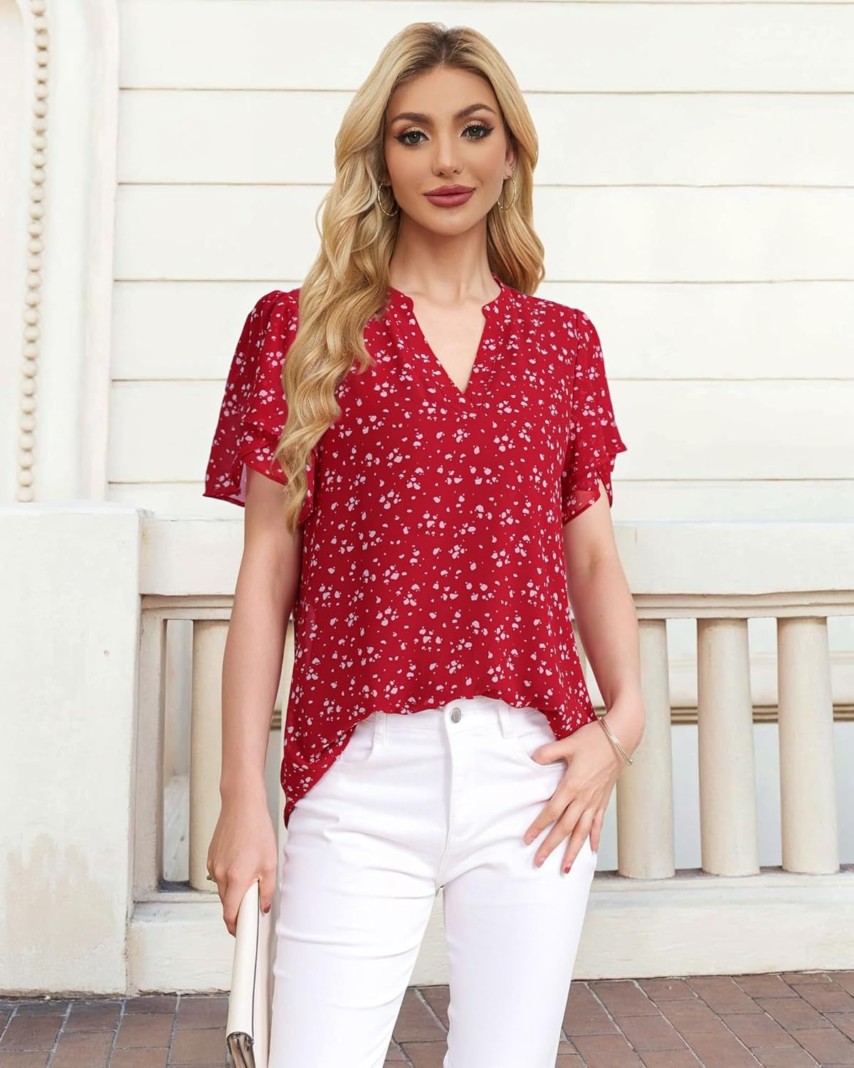 Womens Dressy Chiffon Blouses Summer Puff Petal Short Sleeve Shirts V Neck Casual Work Tops