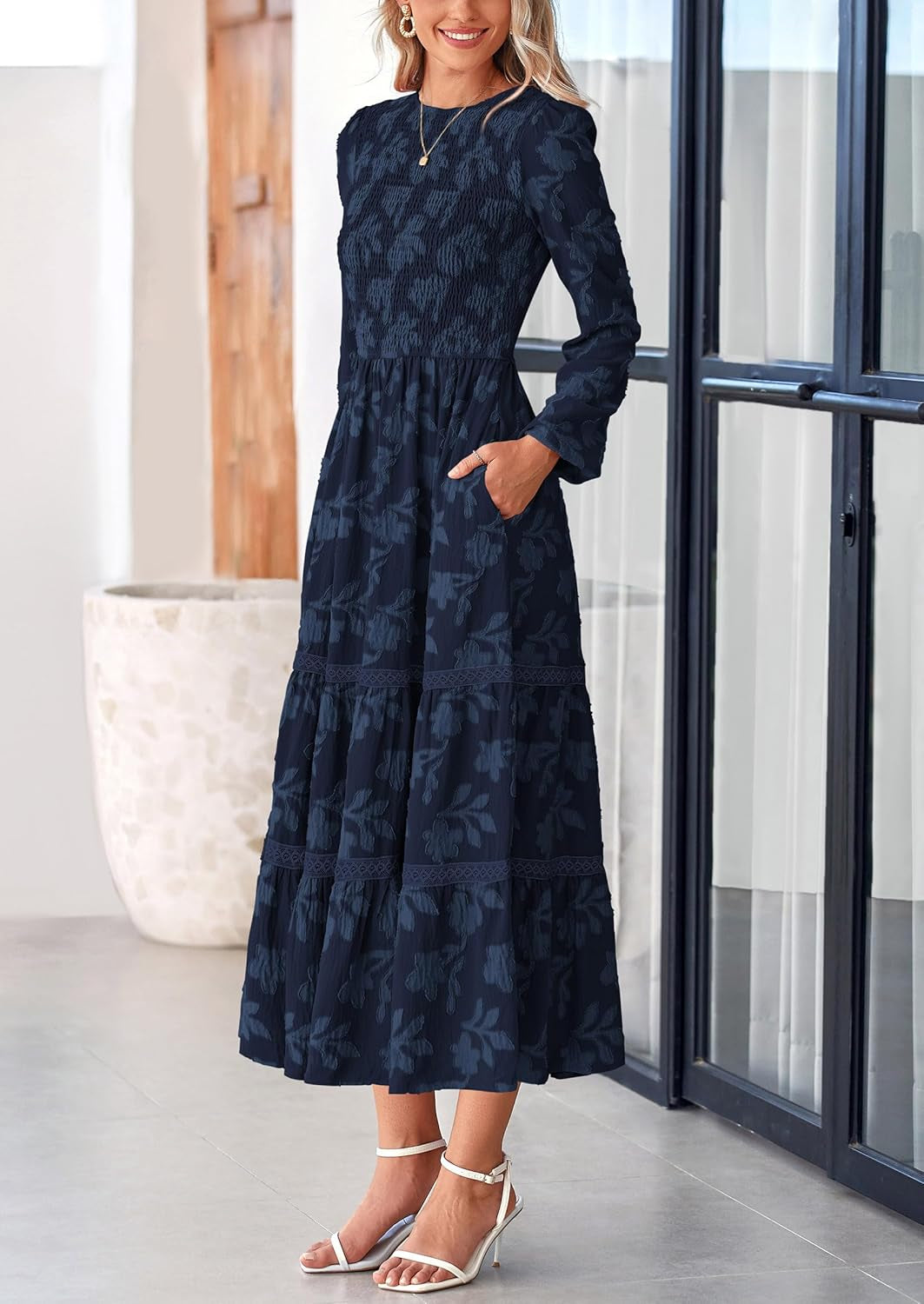 Long Sleeve Dress for Women 2025 Fall Elegant Modest Floral Boho Smocked Flowy Wedding Guest Midi Dresses