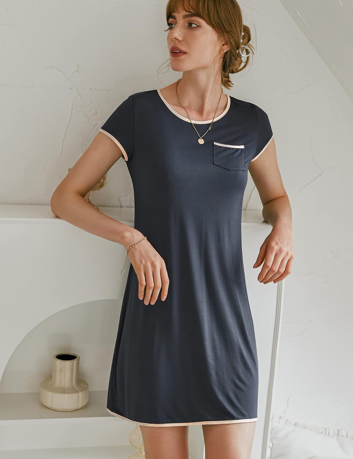 Womens Nightgown Sleep Shirt Dress Satin Patchwork Short Sleeve Sleepwear with Pocket