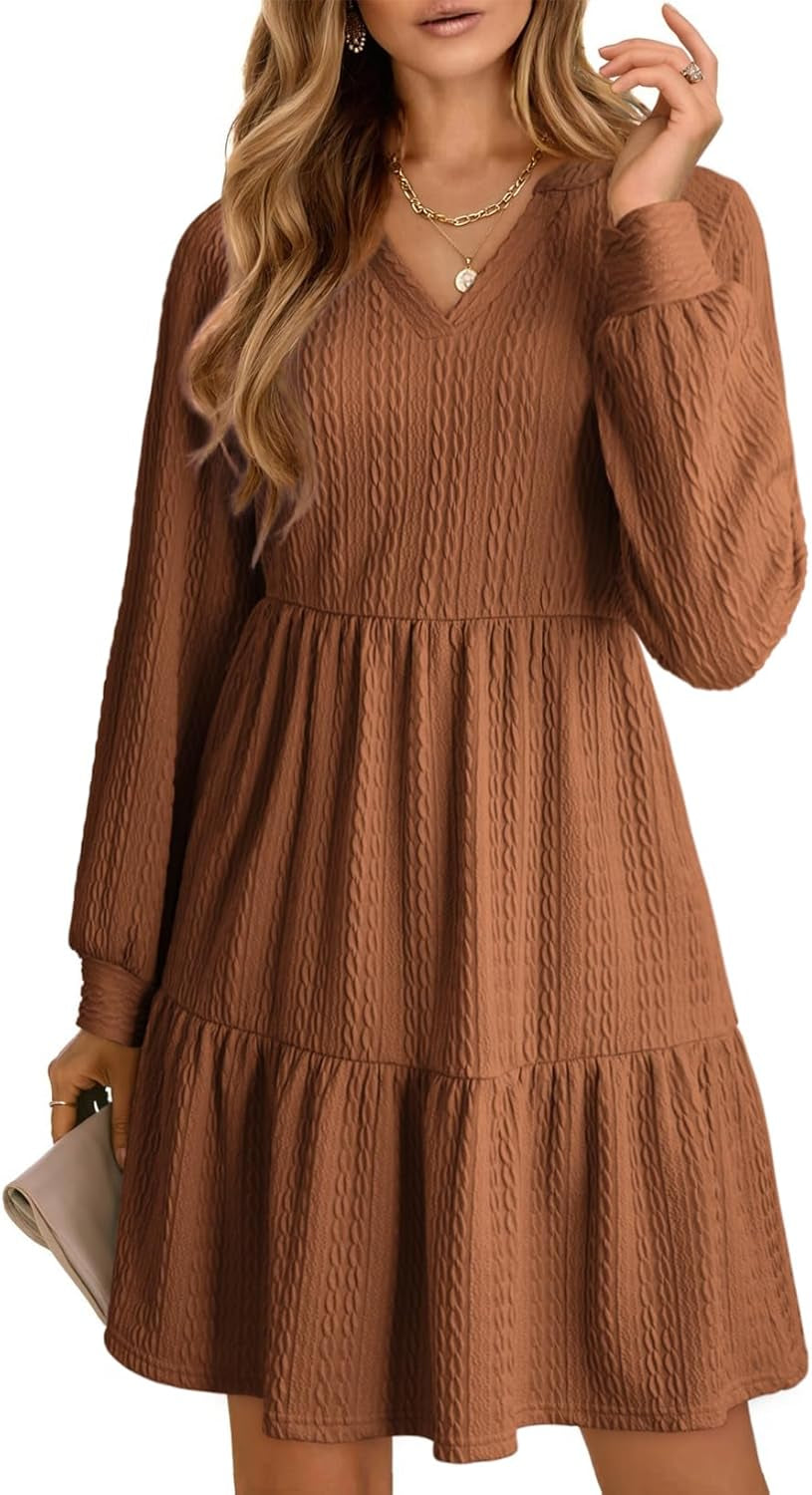 Fall Dresses for Women 2025 Long Sleeve V Neck Textured Casual Lightweight Tiered Ruffle A-Line Mini Babydoll Dress