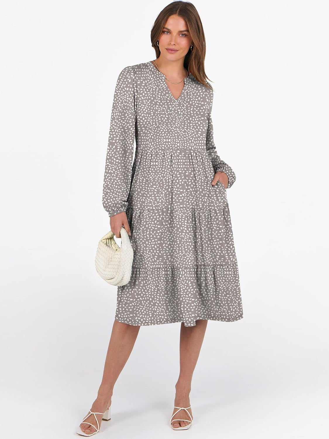 Long Sleeve Midi Dresses for Women V Neck 2025 Fall Fashion Casual Loose Fit Flowy Swing Tiered Vacation Boho Dress