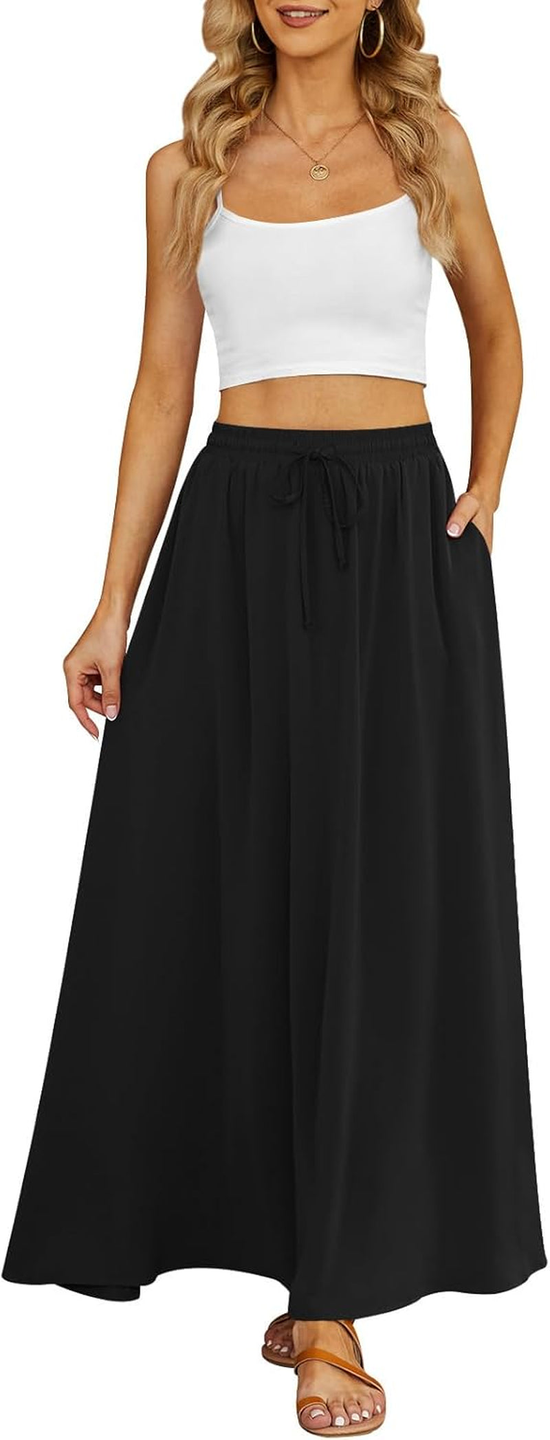 Women'S Flowy Maxi Skirt Summer Pleated High Waisted Casual Long Skirts with Pockets