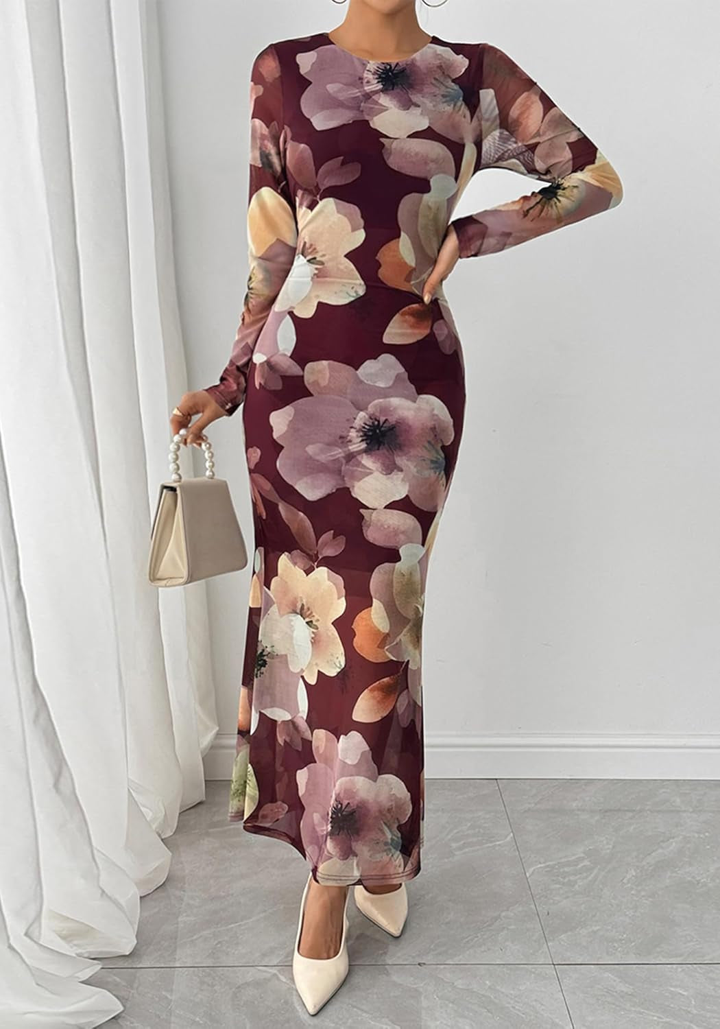 Wedding Guest Dresses for Women Fall Fashion 2025 Bodycon Long Sleeve Boho Mesh Party Cocktail Floral Maxi Dress