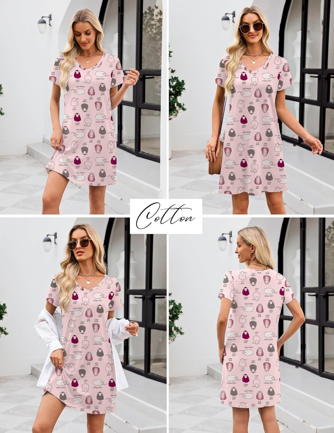 Cotton Nightgowns for Women Short Sleeve Womens Nightgown V Neck Sleep Shirts for Women Soft Sleepwear S-XXXL