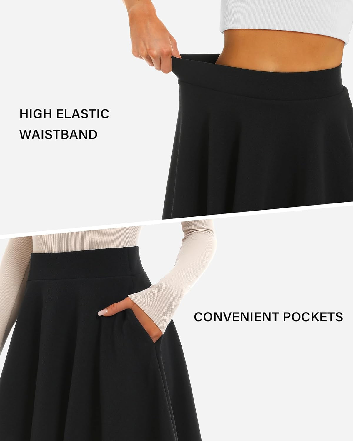 Women'S 20" Knee Length Skirts with Pockets Casual Basic Midi Skirt Stretchy High Waisted Skater Flared Pleated