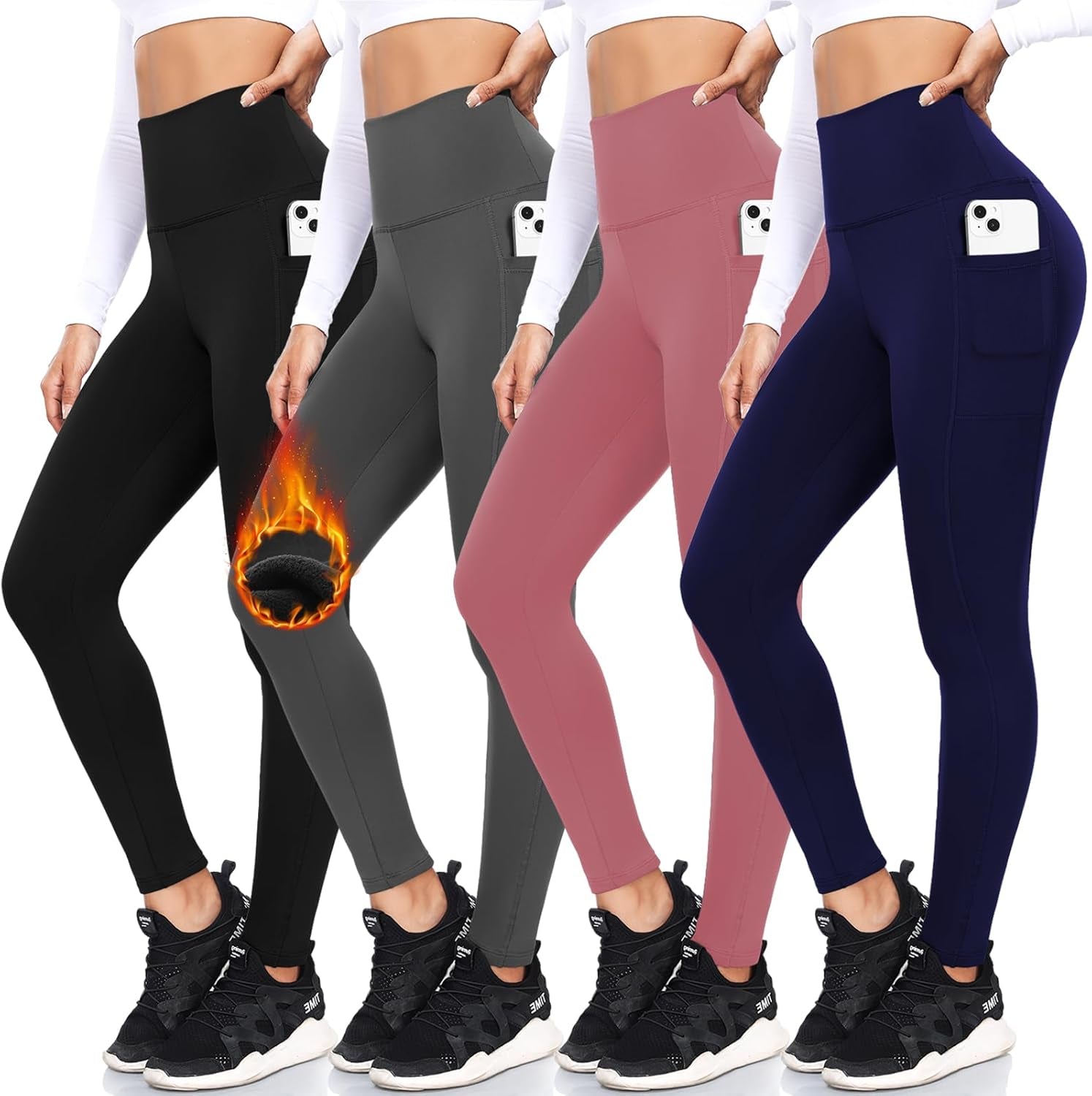 4 Pack Fleece Lined Leggings with Pockets for Women High Waisted Thermal Winter Warm Yoga Pants for Workout Running