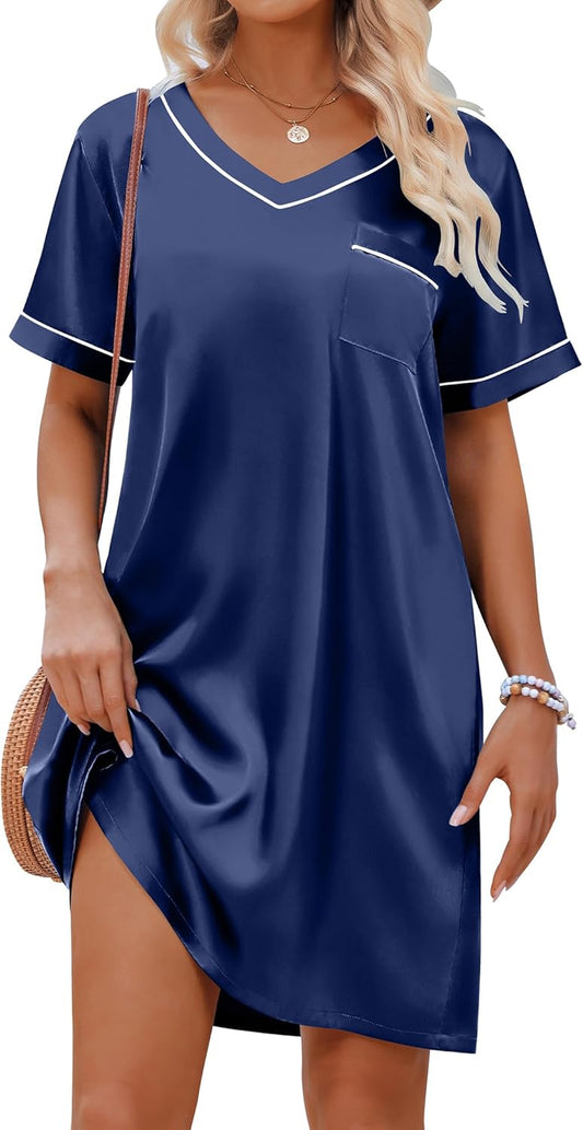 Satin Silk Nightgown for Women Silky Loose Sleepwear V Neck Nightshirt Short Sleeve Sleep Dress