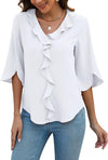 Womens Dressy Casual Blouses 3/4 Sleeve V Neck Ruffle Tops Business Ladies Summer Trendy Fashion Work Shirt