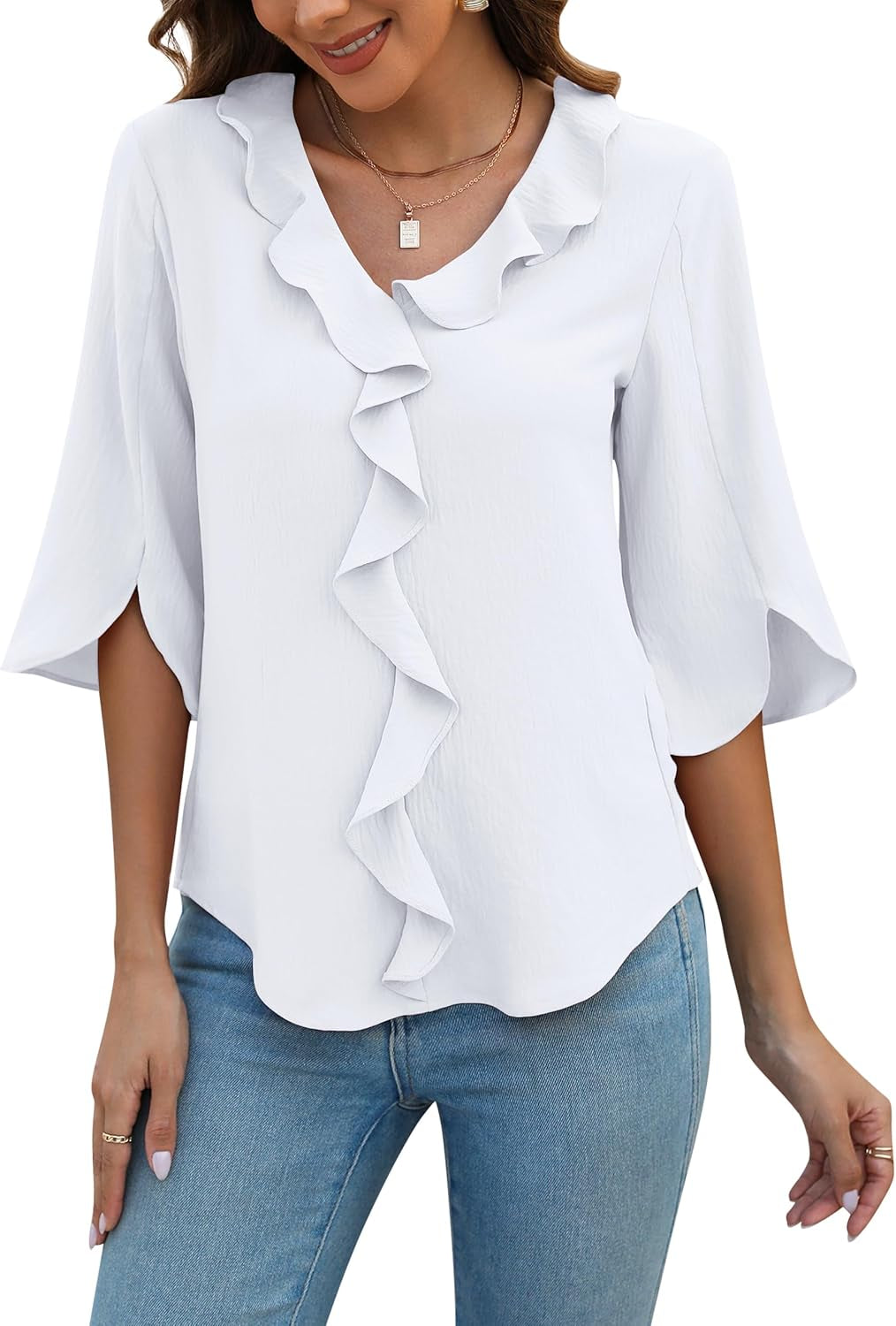 Womens Dressy Casual Blouses 3/4 Sleeve V Neck Ruffle Tops Business Ladies Summer Trendy Fashion Work Shirt