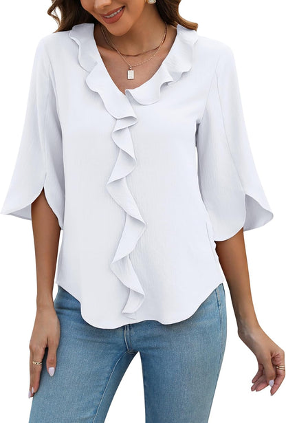 Womens Dressy Casual Blouses 3/4 Sleeve V Neck Ruffle Tops Business Ladies Summer Trendy Fashion Work Shirt
