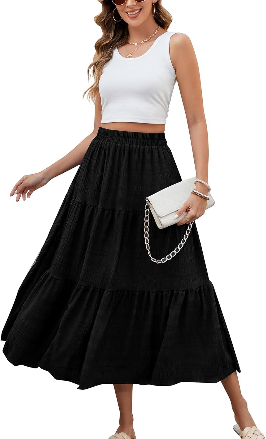 Women'S Summer Casual Elegant Smock Layered Tiered Maxi Skirt High Waisted a Line Flowy Long Skirts with Pockets