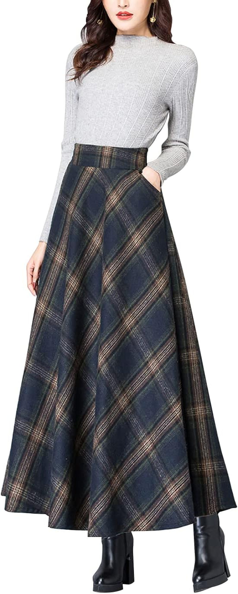 Women'S Vintage High Waist Wool Blend Plaid A-Line Long Maxi Skirt with Pocket