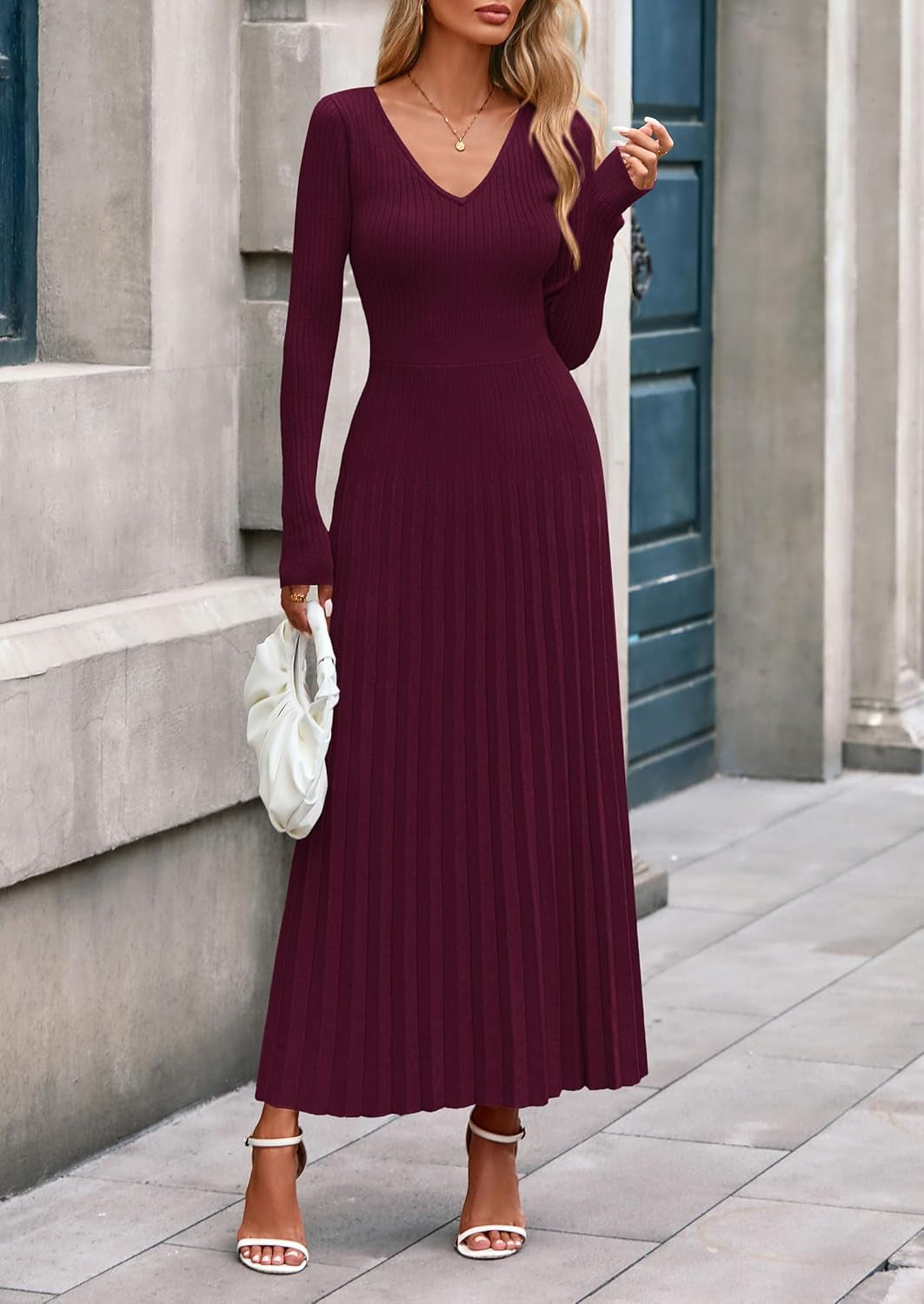 Women Sweater Dress Fall Fashion 2025 Long Sleeve V Neck Ribbed Knit Pleated a Line Elegant Maxi Winter Dresses