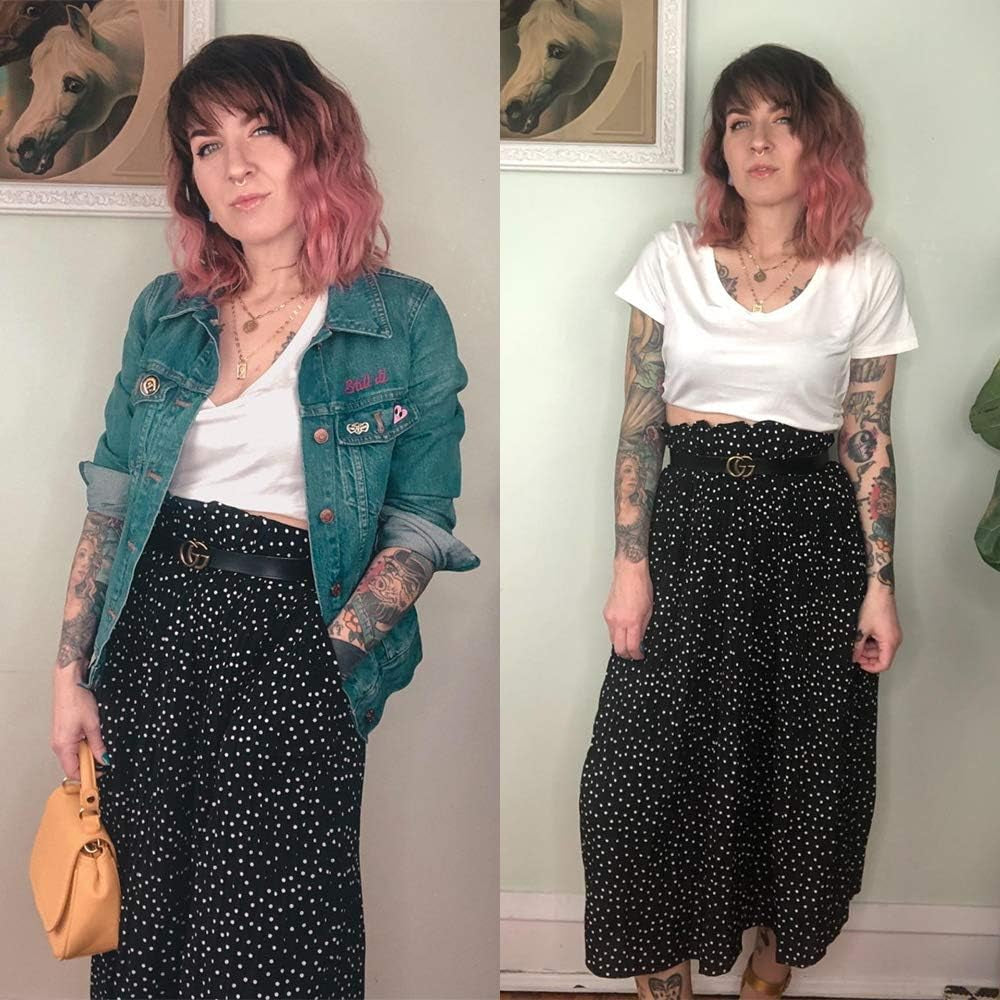 Womens High Waist Polka Dot Pleated Maxi Skirt Midi Swing Skirt Beach Vacation Cruise Outfits with Pockets