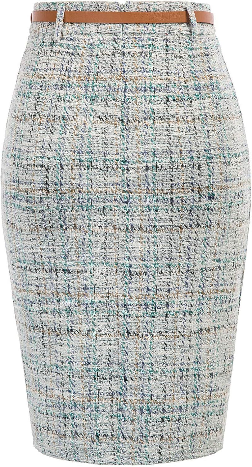 Women'S Tweed Pencil Skirt Knee Length High Waisted Skirts with Slit Elegant Skirts with Belt