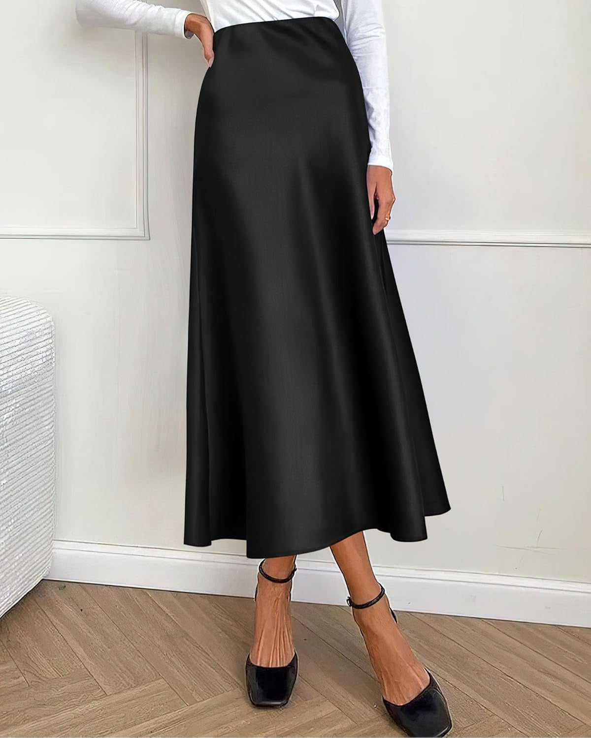 2025 Womens Summer Fall Long Satin Skirt Silk Elegant High Waist Cocktail Party Wedding Flowy A-Line Midi Skirts