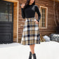 Plaid Skirts for Women Midi Length High Waisted Button down a Line Fall Winter Elastic Waist Skirt with Pockets