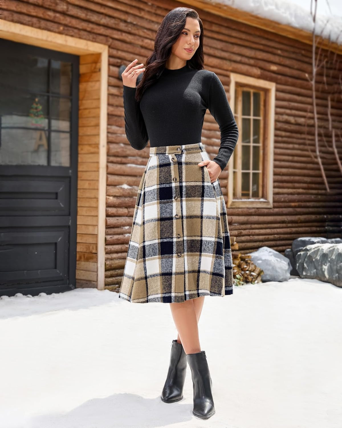 Plaid Skirts for Women Midi Length High Waisted Button down a Line Fall Winter Elastic Waist Skirt with Pockets