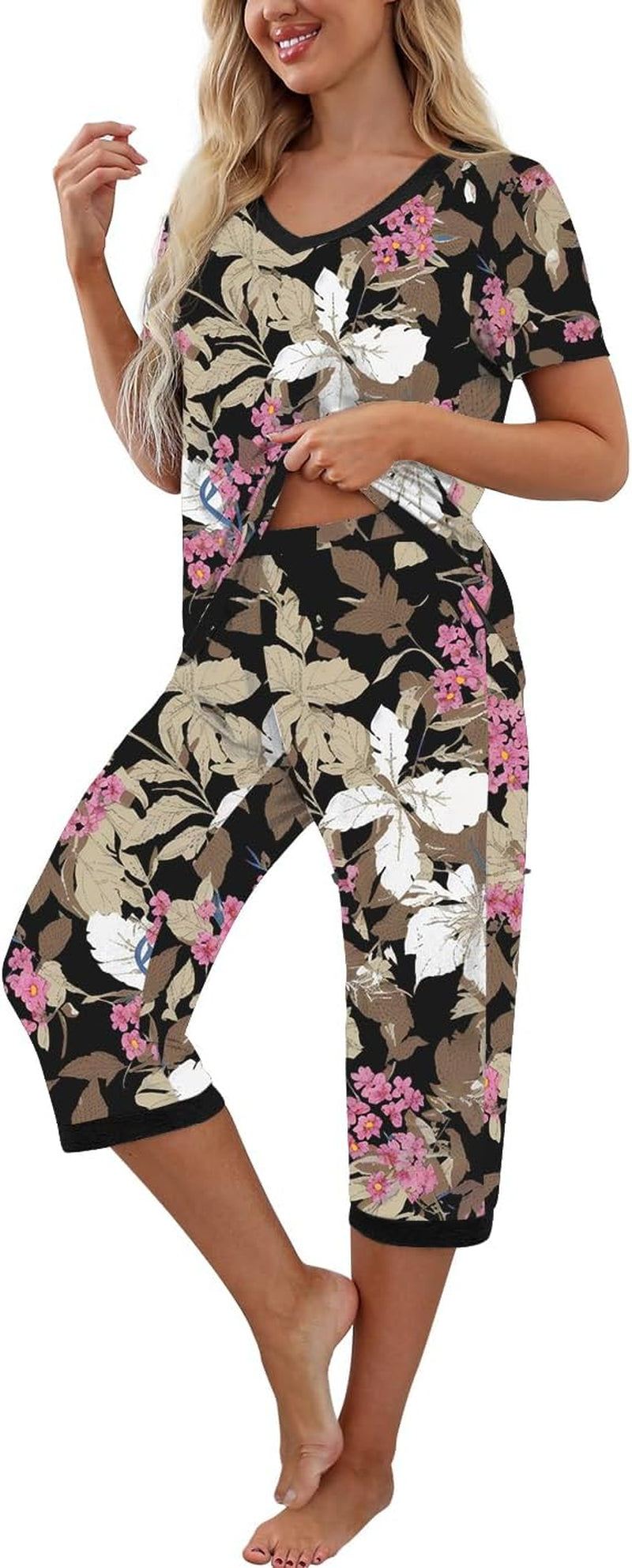 Women'S Pajama Set Short Sleeve Shirt and Capri Pants Sleepwear Pjs Sets with Pockets