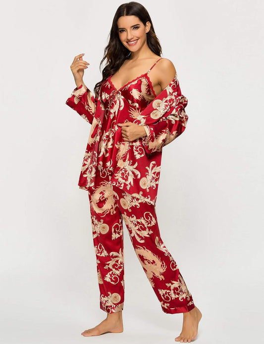Women'S Silk Satin Pajamas Set 3 Pcs Floral Silky Pj Sets Sleepwear Cami Nightwear with Robe and Pant