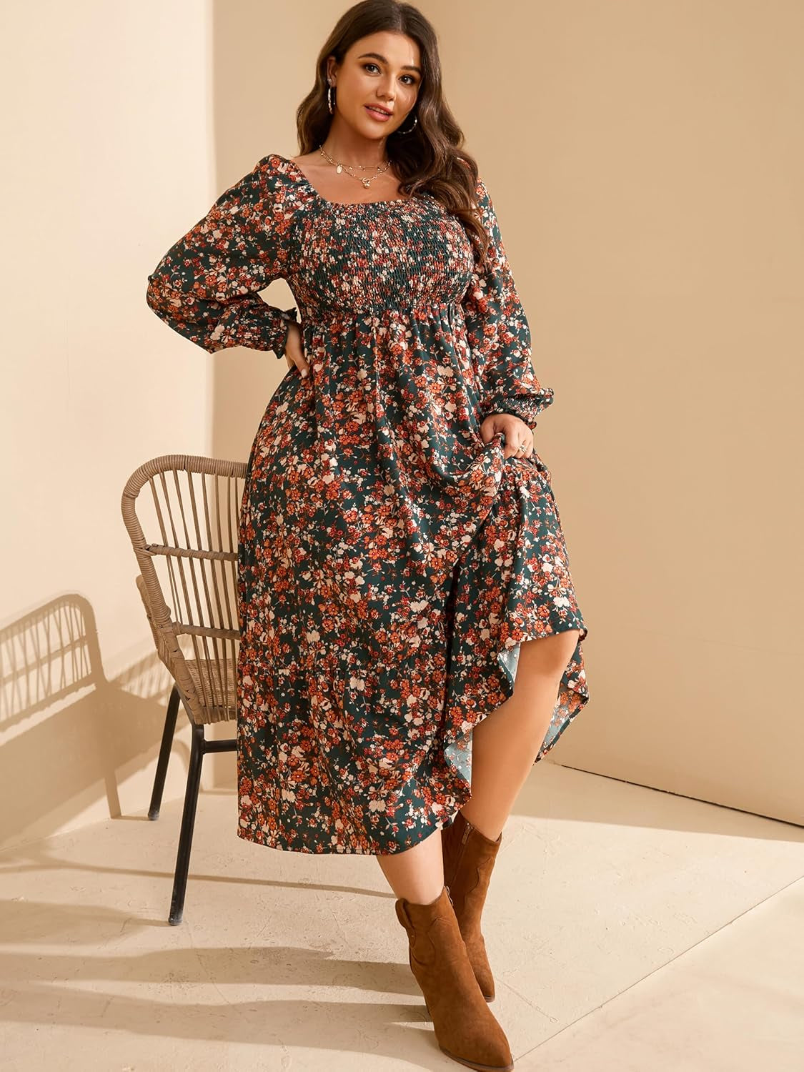 Women'S plus Size Fall Dress Long Sleeve Square Neck Floral Print Smocked a Line Boho Flowy Maxi Dresses with Pockets