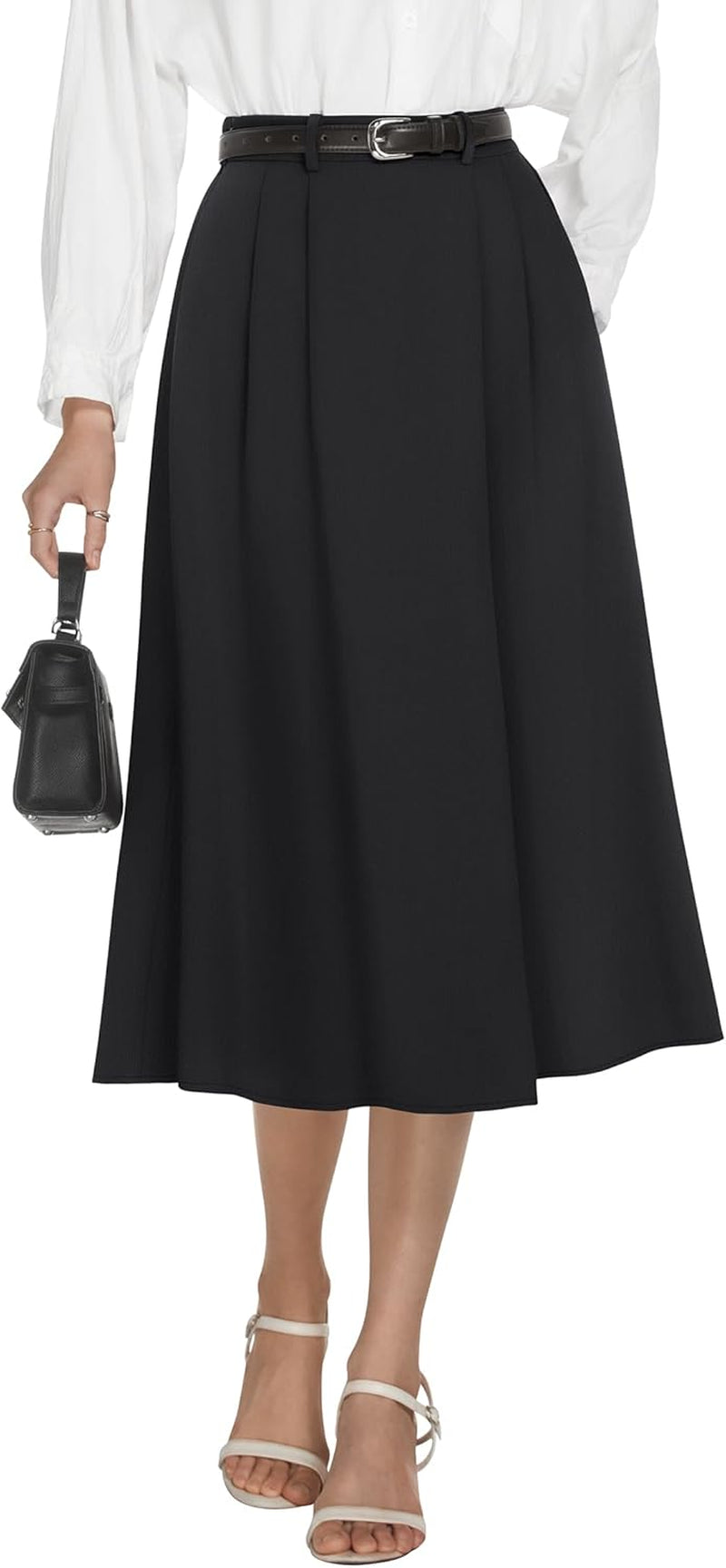 Women'S High Waisted Midi Skirts Business Casual Flare Dressy Work a Line Pleated Skirt with Pockets