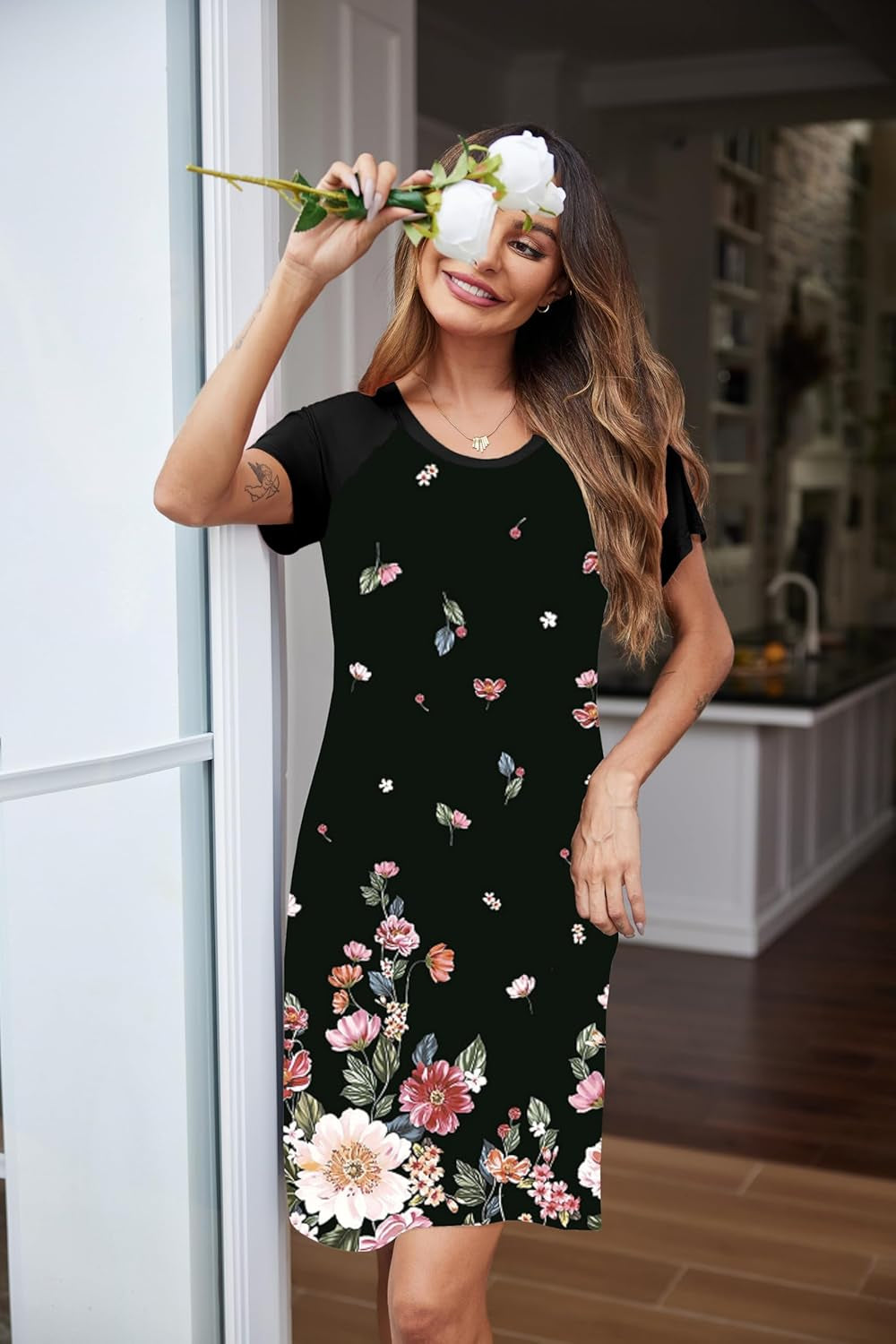 Womens Nightgown Short Sleeve Night Dress Printed Sleepwear Soft Sleep Shirt S-3XL