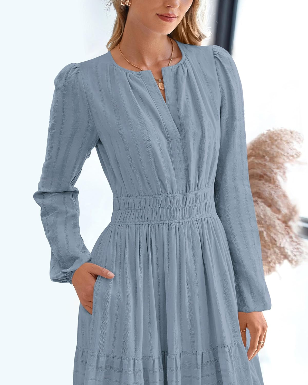 Fall Dresses for Women 2025 Casual Long Sleeve V Neck Elastic Waist Lightweight Maxi Wedding Guest Dress Pockets