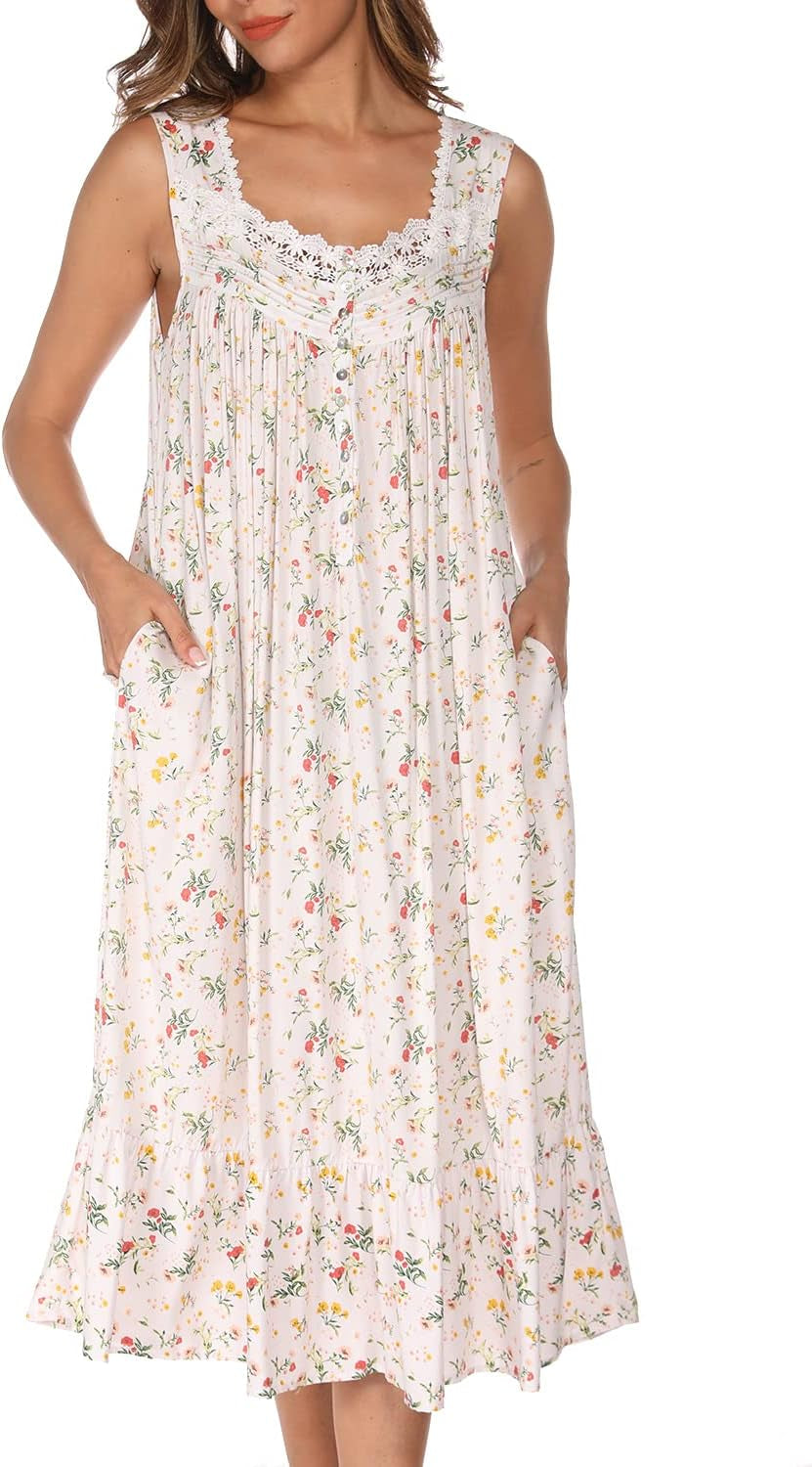 Cotton Nightgowns for Women Sleeveless House Dress Ladies Long Nightdress with Pockets S-XXL