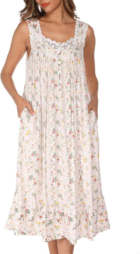 Cotton Nightgowns for Women Sleeveless House Dress Ladies Long Nightdress with Pockets S-XXL