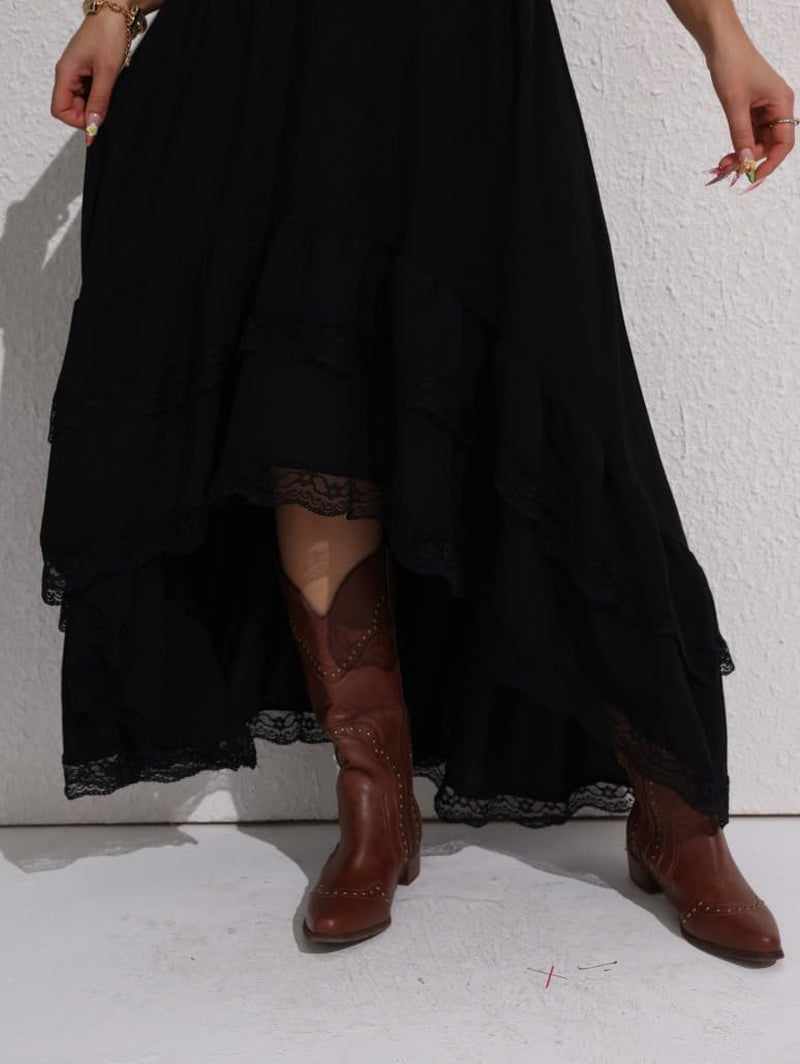 Women'S Western Boho Lace Ruffle Skirt Asymmetrical Country Cowgirl Skirts