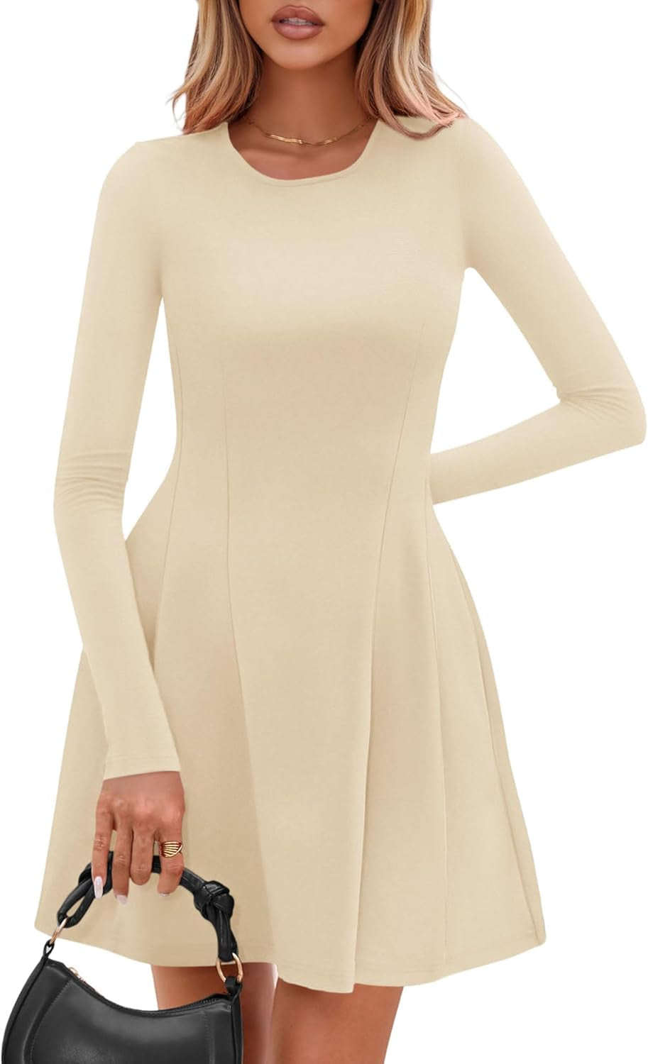 Long Sleeve Mini Dress for Women 2025 Fall Crewneck Knit Pleated Babydoll a Line Soft Casual Short Party Dresses