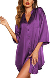 Satin Nightgowns for Women Silk Sleepwear Button down Sleepshirt 3/4 Sleeve V-Neck Nightshirts with Pockets
