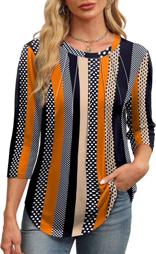 3/4 Length Sleeve Womens Tops round Neck Casual Tunic Tops Basic Pleated Shirts Loose Fit 2025