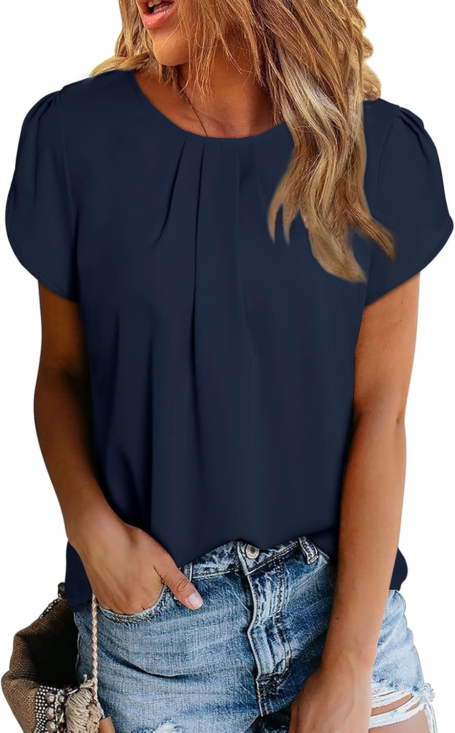 Women'S Casual round Neck Basic Pleated Tops Short Sleeve Loose Fit Curved Keyhole Back Chiffon Blouses Tshirts