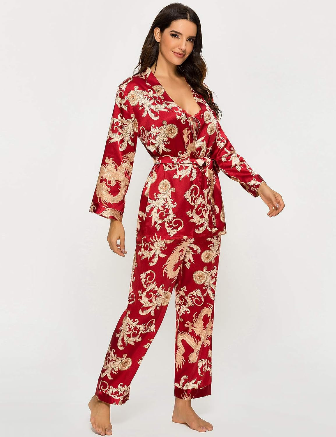 Women'S Silk Satin Pajamas Set 3 Pcs Floral Silky Pj Sets Sleepwear Cami Nightwear with Robe and Pant