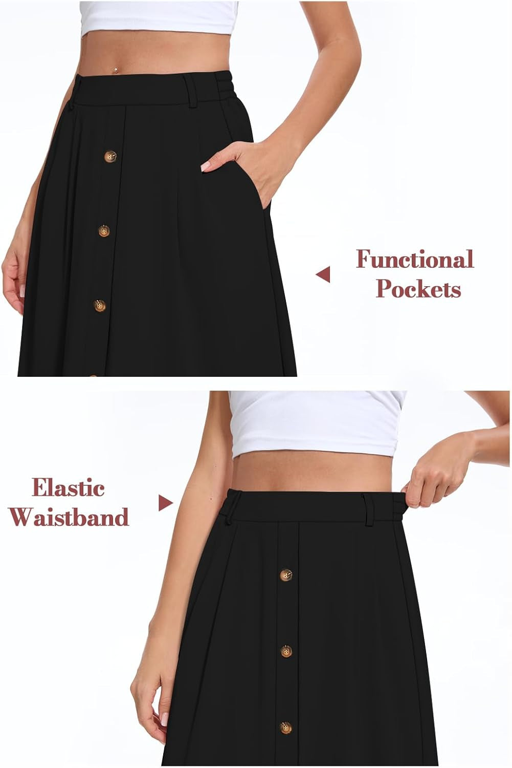 Women'S Flowy Midi Skirt Summer Pleated High Waisted Casual Button Front Skirts with Pockets