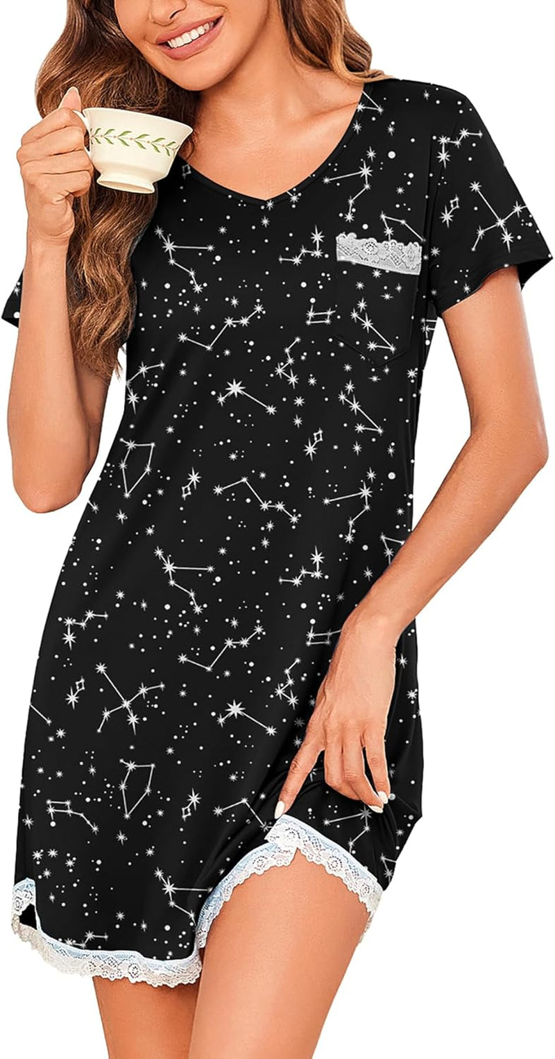 Women'S Nightgown Sleepwear Soft Sleepshirt Short Sleeve Lace Trim Nightshirt Sexy Pajama Dress