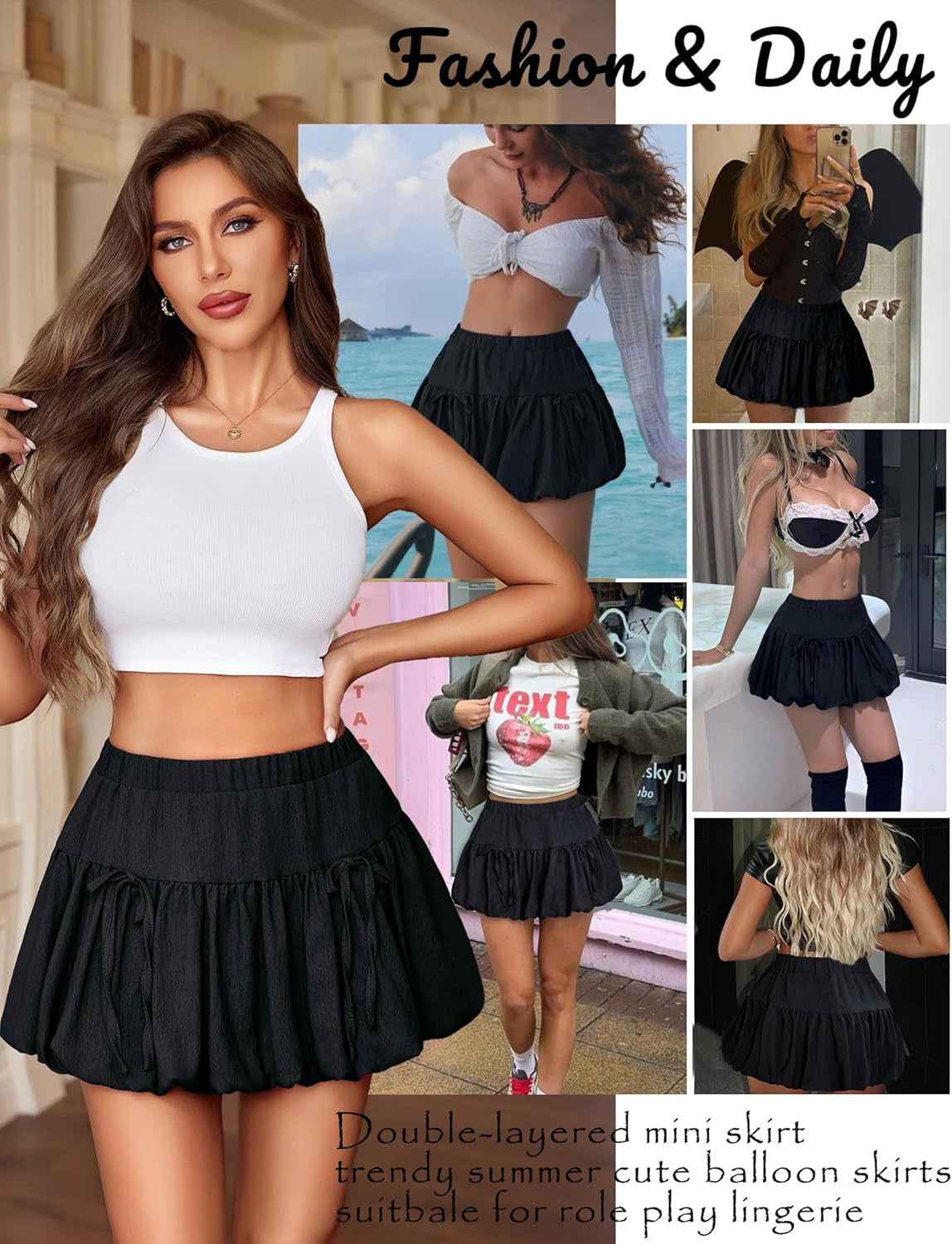 Mini Skirt for Women Bubble Puffy Hem Y2K Elastic Waist a Line Basic Casual Skirts S-XXL