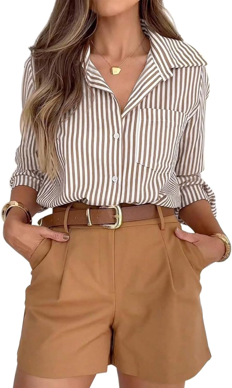 Striped Button down Shirts for Women Dress Shirts Long Sleeve Casual Collared Office Work Shirt with Pocket