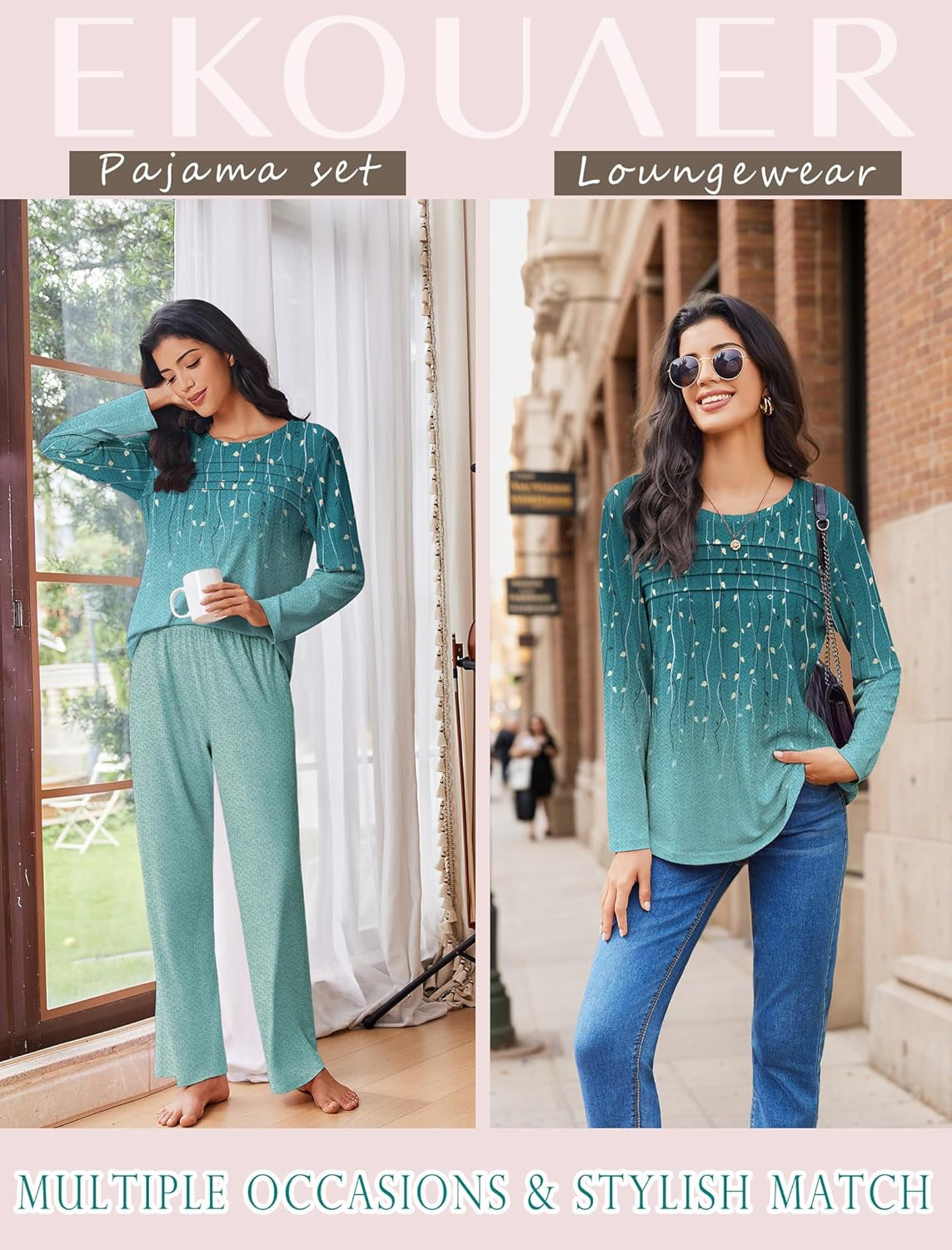 Womens Pajama Sets Pleated Tops with Long Pants Lounge Set Long Sleeve Fall Sleepwear Ladies Pjs S-XXL