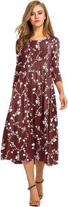 Women'S 3/4 Sleeve A-Line and Flare Midi Long Dress