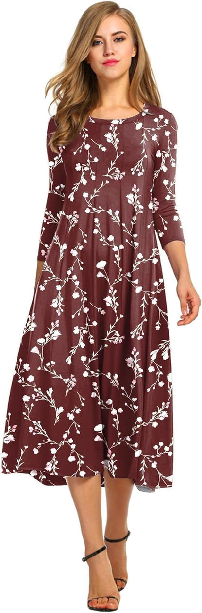 Women'S 3/4 Sleeve A-Line and Flare Midi Long Dress