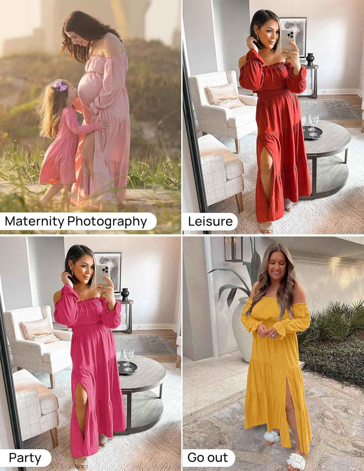 Women'S 2025 Boho Sexy off Shoulder Long Sleeve Smocked High Waist Side Split Flowy a Line Tiered Long Maxi Dress