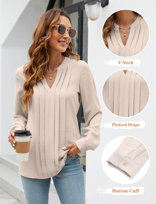 Women'S Dressy Casual Blouses Business Work Tops Long Sleeve V Neck Pleated Shirts 2025 Fall Outfits