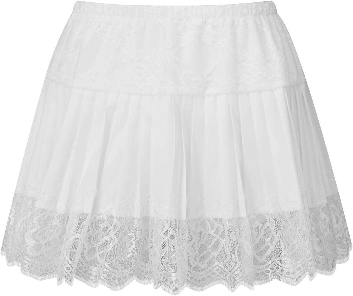Women'S Summer Lace Mini Skirts Coquette Y2K Low Waist Solid Color Loose Fit Pleated Skirts